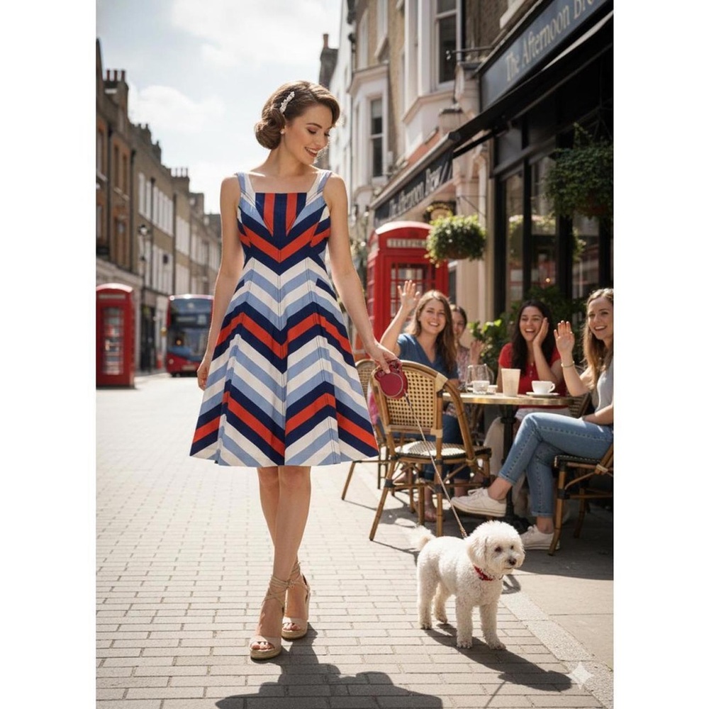Maeve Navy, Red & White Chevron Midi Dress